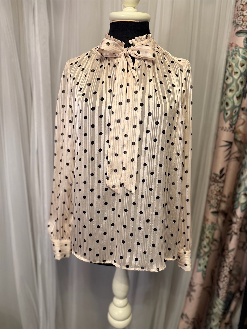 Rachel Zoe Sheer Polka Dot Tie Neck Blouse Small Cream Black Metallic Stripe